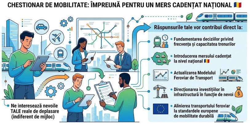 Chestionar de mobilitate: împreună pentru un mers cadențat național. Răspunsurile dumneavoastră contribuie la fundamentarea deciziilor privind frecvența și capacitatea trenurilor, introducerea mersului cadențat la nivel național, actualizarea Modelului Feroviar de Transport, direcționarea investițiilor în infrastructură și alinierea la standardele europene de mobilitate durabilă.